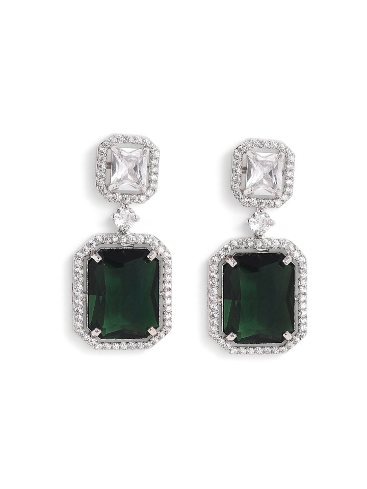 Geometry Style Emerald Elegance AD Silver Plated Drop Earrings