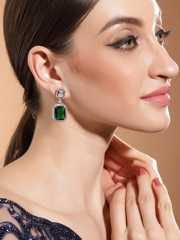 Geometry Style Emerald Elegance AD Silver Plated Drop Earrings