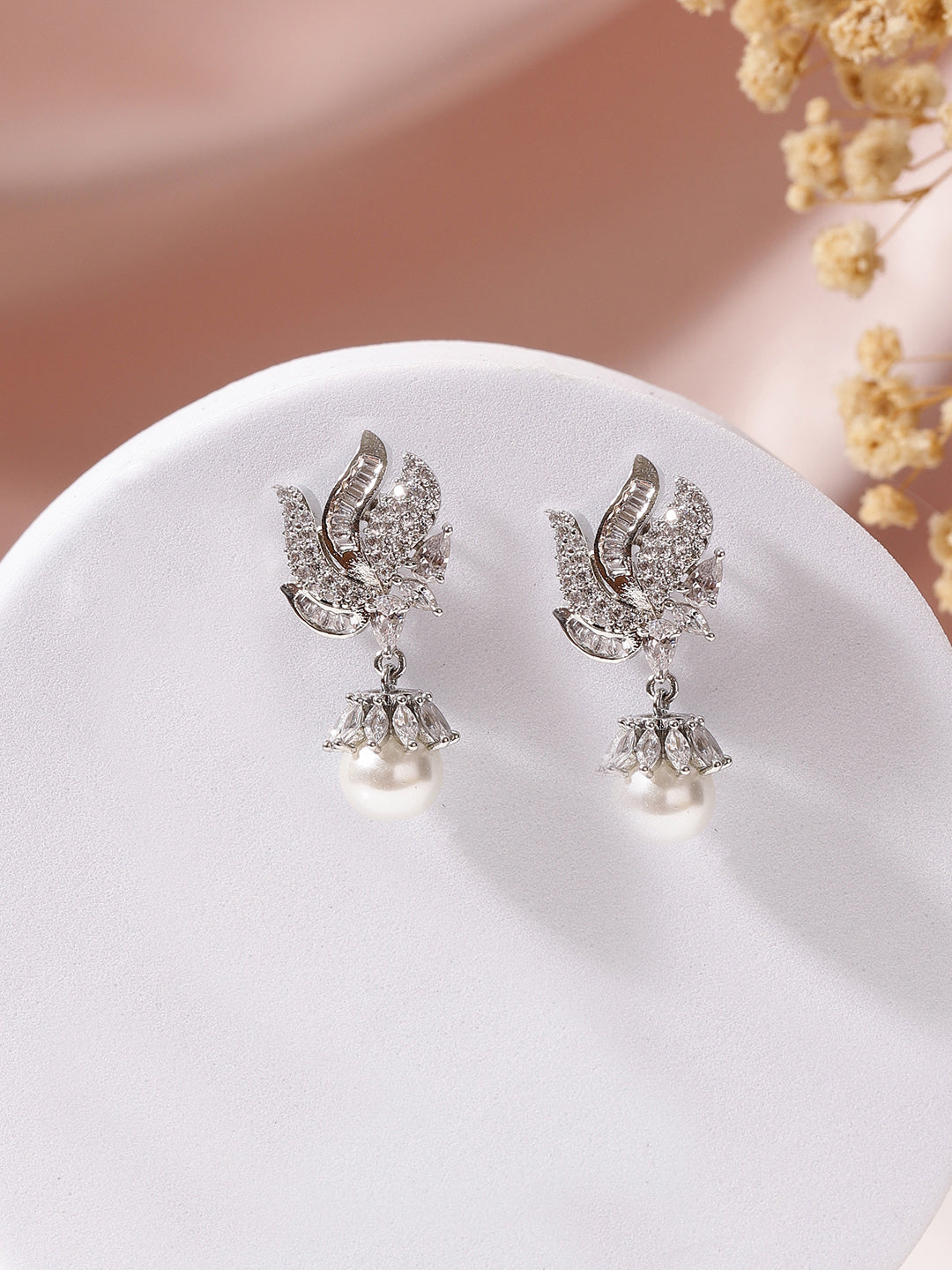 Pearl AD Combo Elegance Floral Drop Silver Plated Earrings