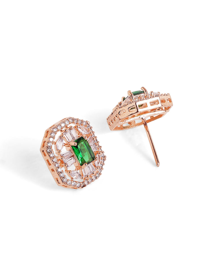 Emerald Stoned Floral Elegance Rosegold Plated Stud Earrings