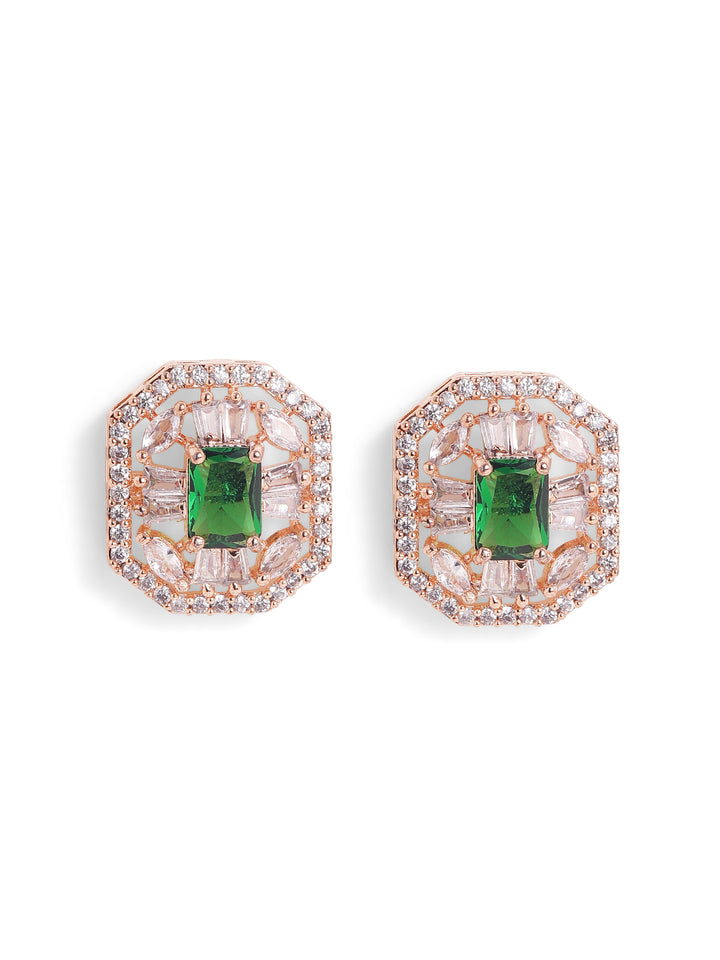 Emerald Stoned Floral Elegance Rosegold Plated Stud Earrings