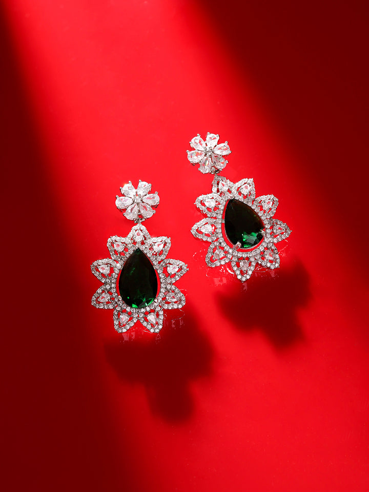 Emerald Royal Elegance Floral Pattern AD Silver Plated Drop Earrings