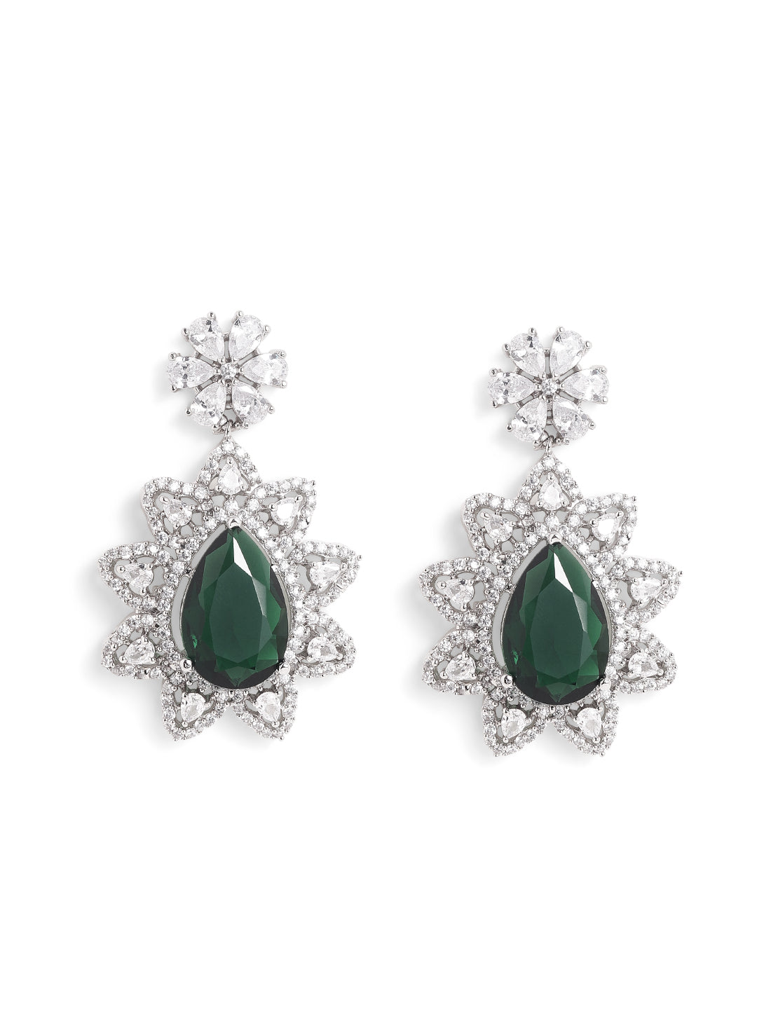 Emerald Royal Elegance Floral Pattern AD Silver Plated Drop Earrings