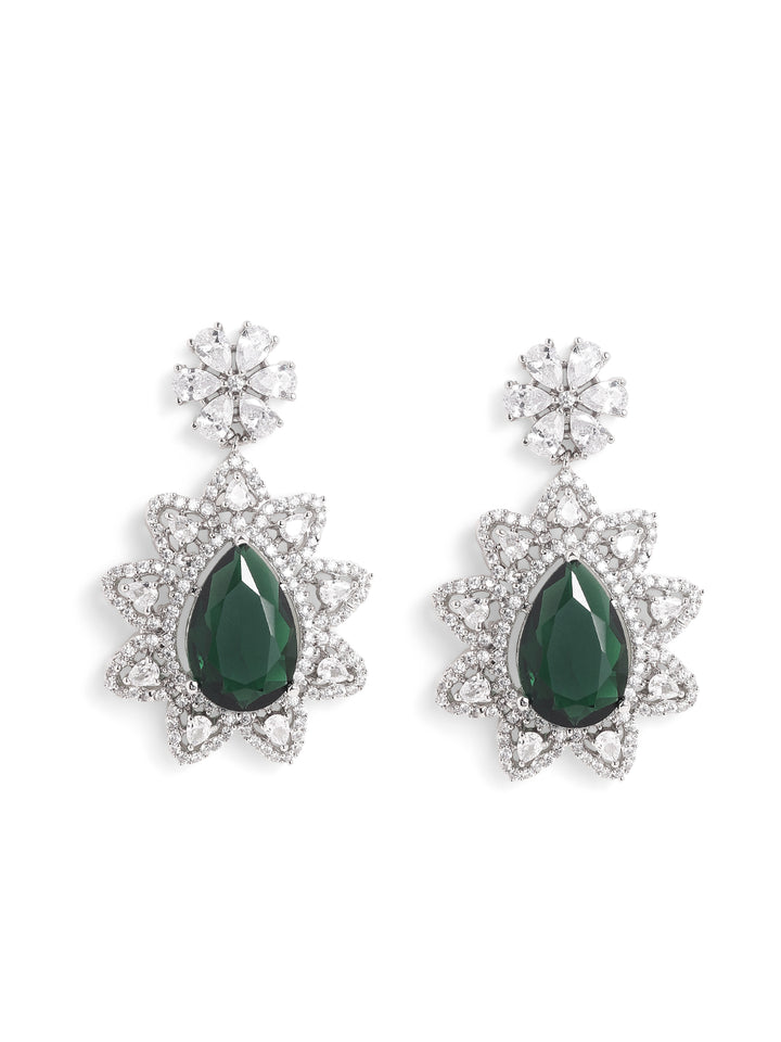 Emerald Royal Elegance Floral Pattern AD Silver Plated Drop Earrings