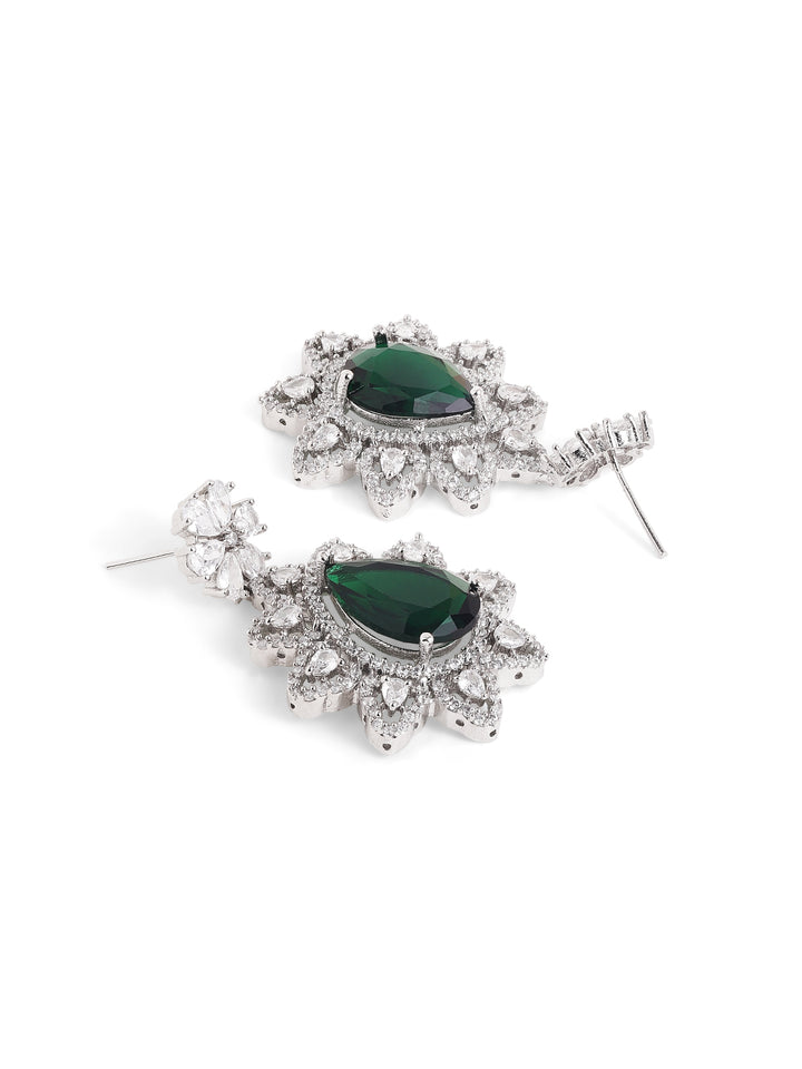 Emerald Royal Elegance Floral Pattern AD Silver Plated Drop Earrings