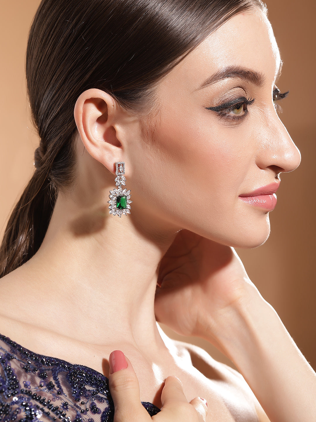 Green stone Floral AD Silver Plated Drop Earrings