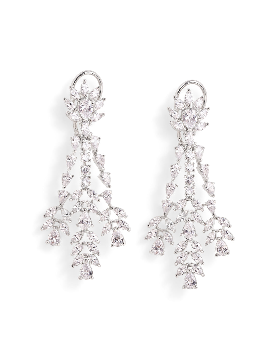 AD Floral Silver Plated Elegance Statement Drop Earrings