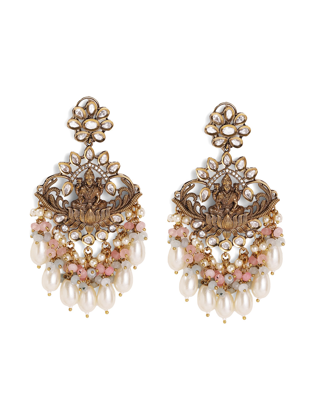 Goddess Pattern Gold Plated American Diamond Pearl Drop Earrings