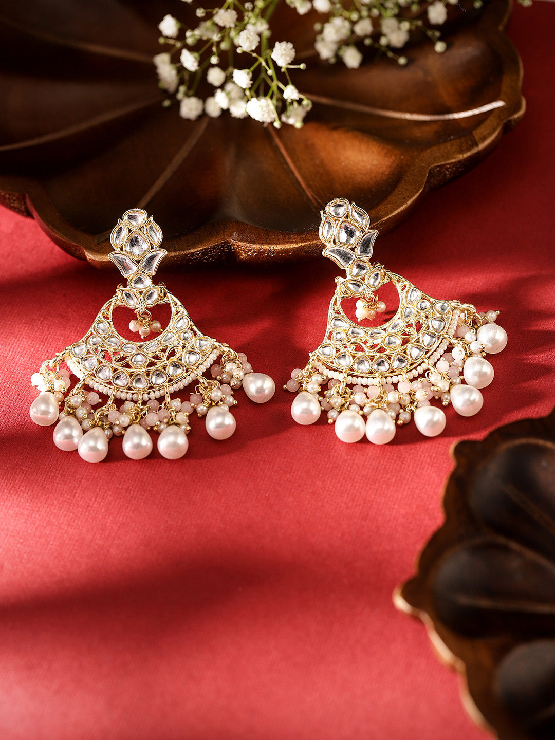 Kundan Gold Plated with Pearl Drops Floral Pattern Earrings