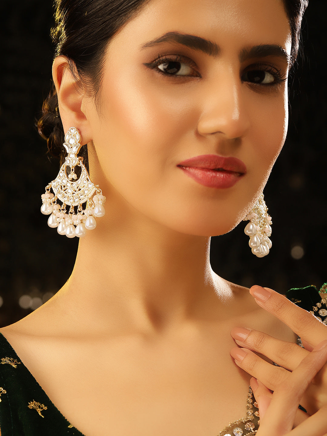 Kundan Gold Plated with Pearl Drops Floral Pattern Earrings