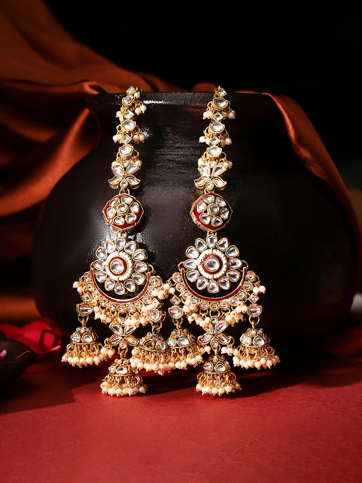 Kundan Floral Pattern Mini Jhumkis Hangings Chandbali Pattern with Ear Chain Earrings