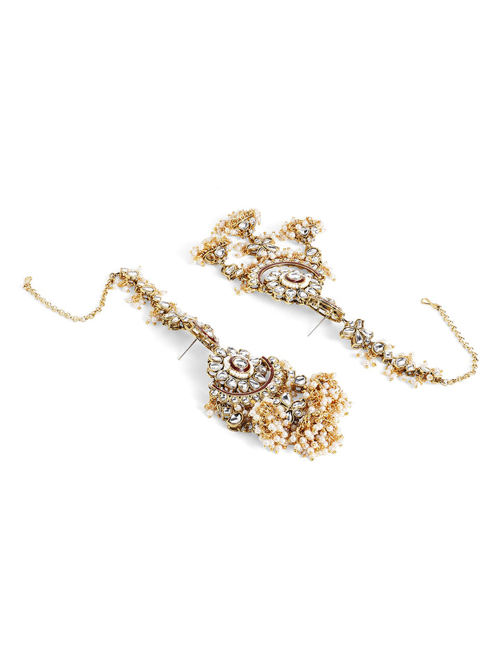 Kundan Floral Pattern Mini Jhumkis Hangings Chandbali Pattern with Ear Chain Earrings