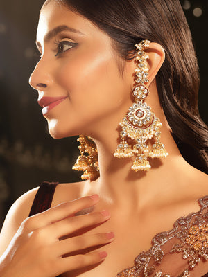 Kundan Floral Pattern Mini Jhumkis Hangings Chandbali Pattern with Ear Chain Earrings
