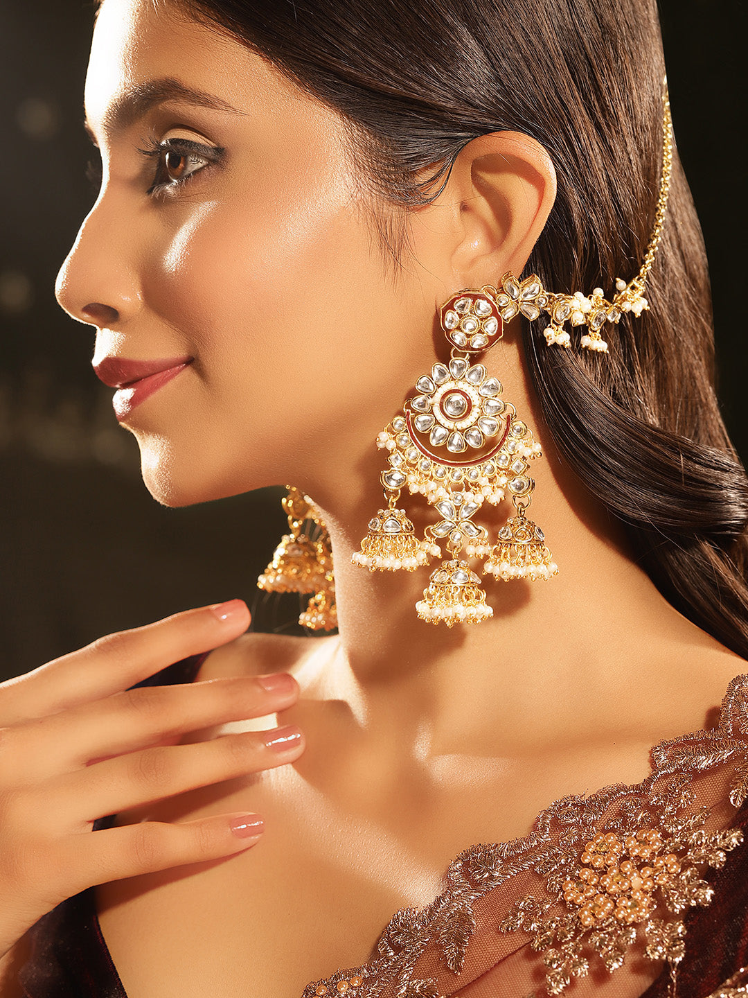 Kundan Floral Pattern Mini Jhumkis Hangings Chandbali Pattern with Ear Chain Earrings