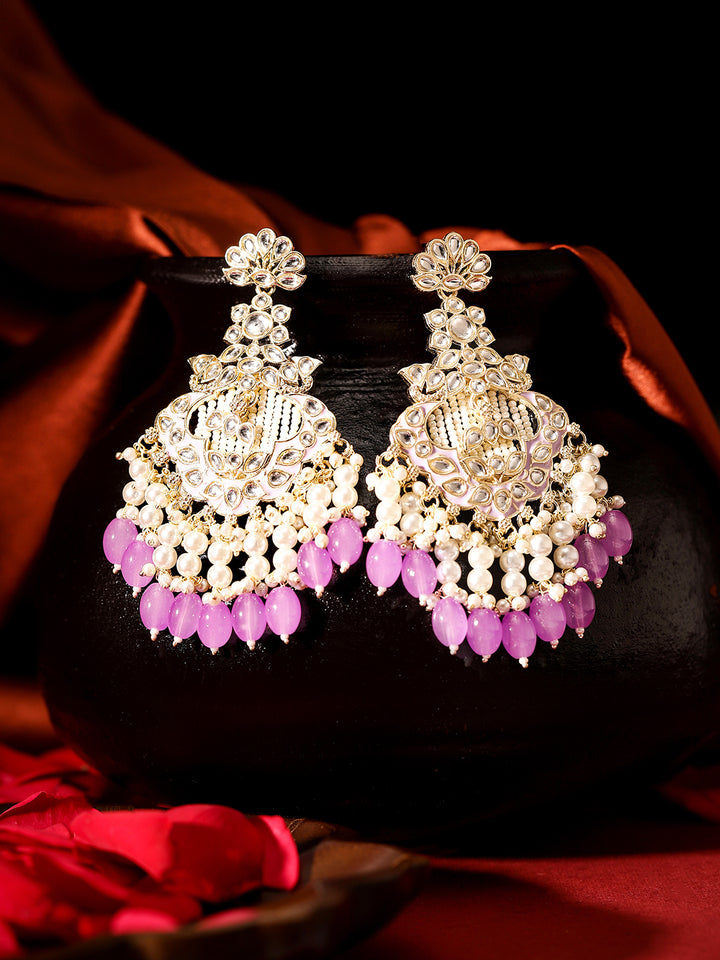 Kundan Pearl Elegance Lavender Beaded Floral Pattern Drop Earrings