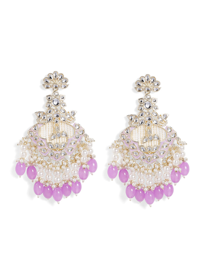 Kundan Pearl Elegance Lavender Beaded Floral Pattern Drop Earrings