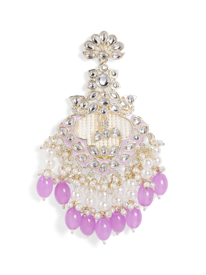 Kundan Pearl Elegance Lavender Beaded Floral Pattern Drop Earrings