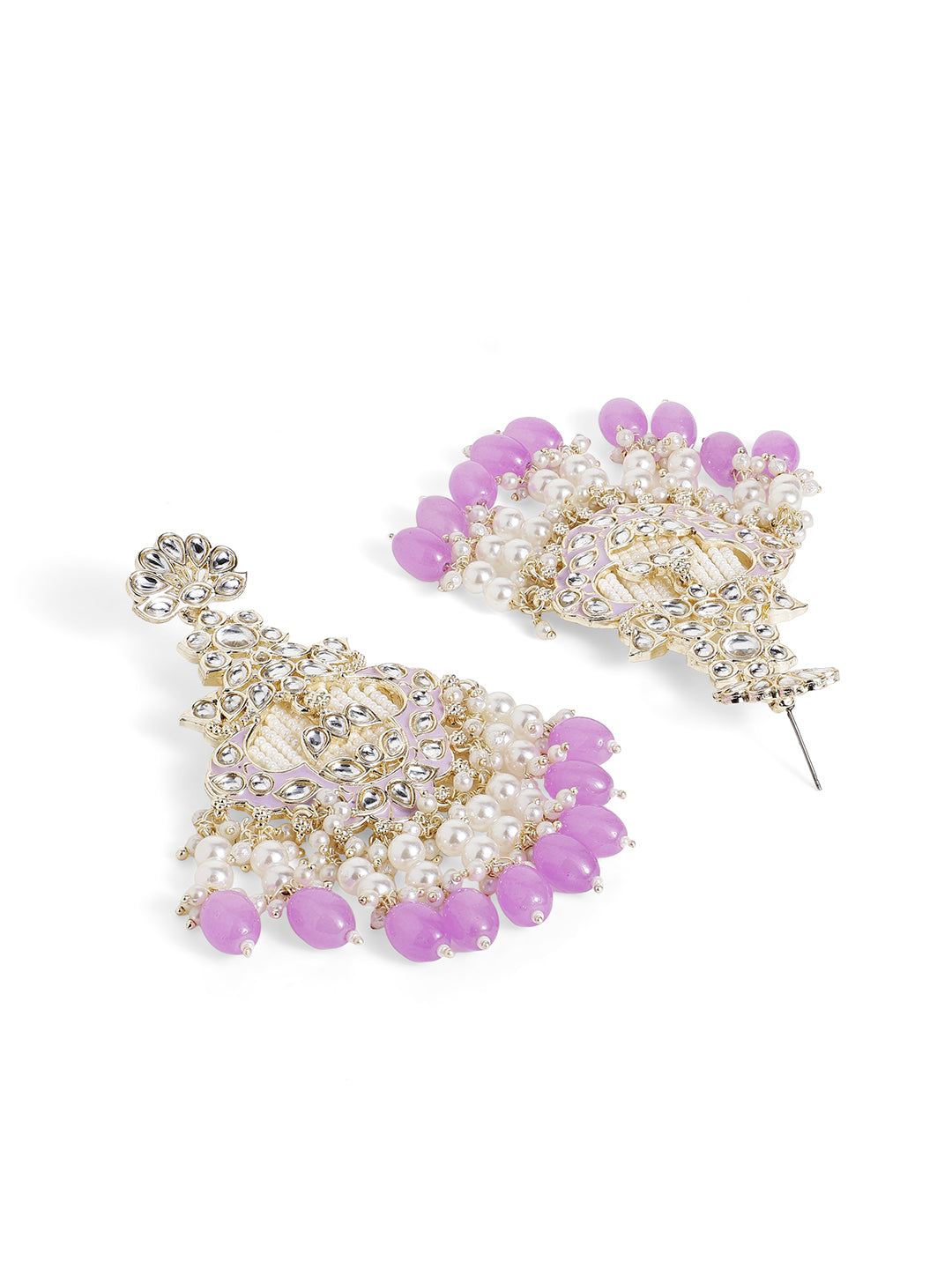 Kundan Pearl Elegance Lavender Beaded Floral Pattern Drop Earrings