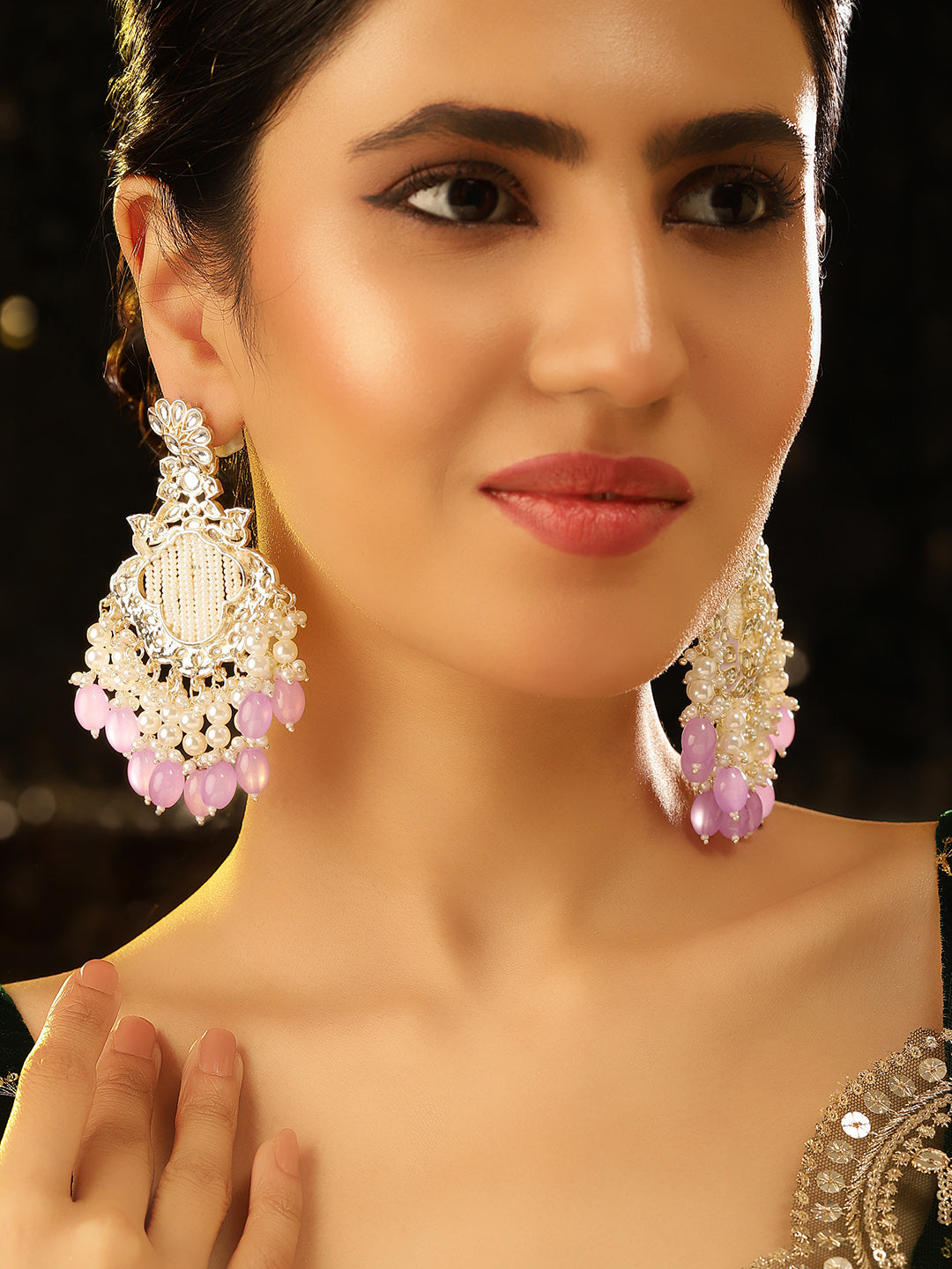 Kundan Pearl Elegance Lavender Beaded Floral Pattern Drop Earrings