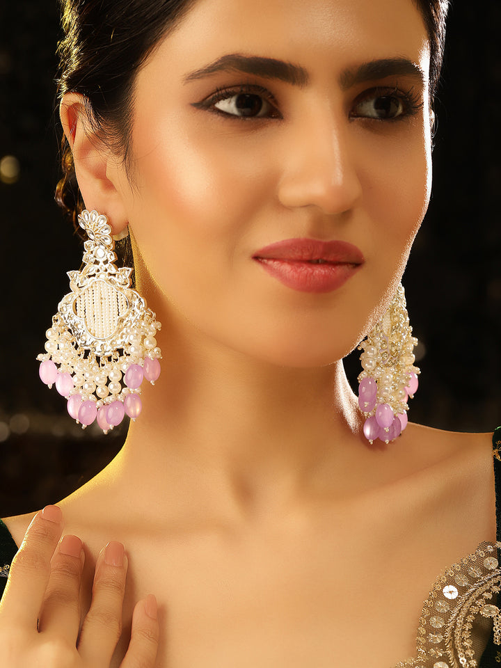 Kundan Pearl Elegance Lavender Beaded Floral Pattern Drop Earrings