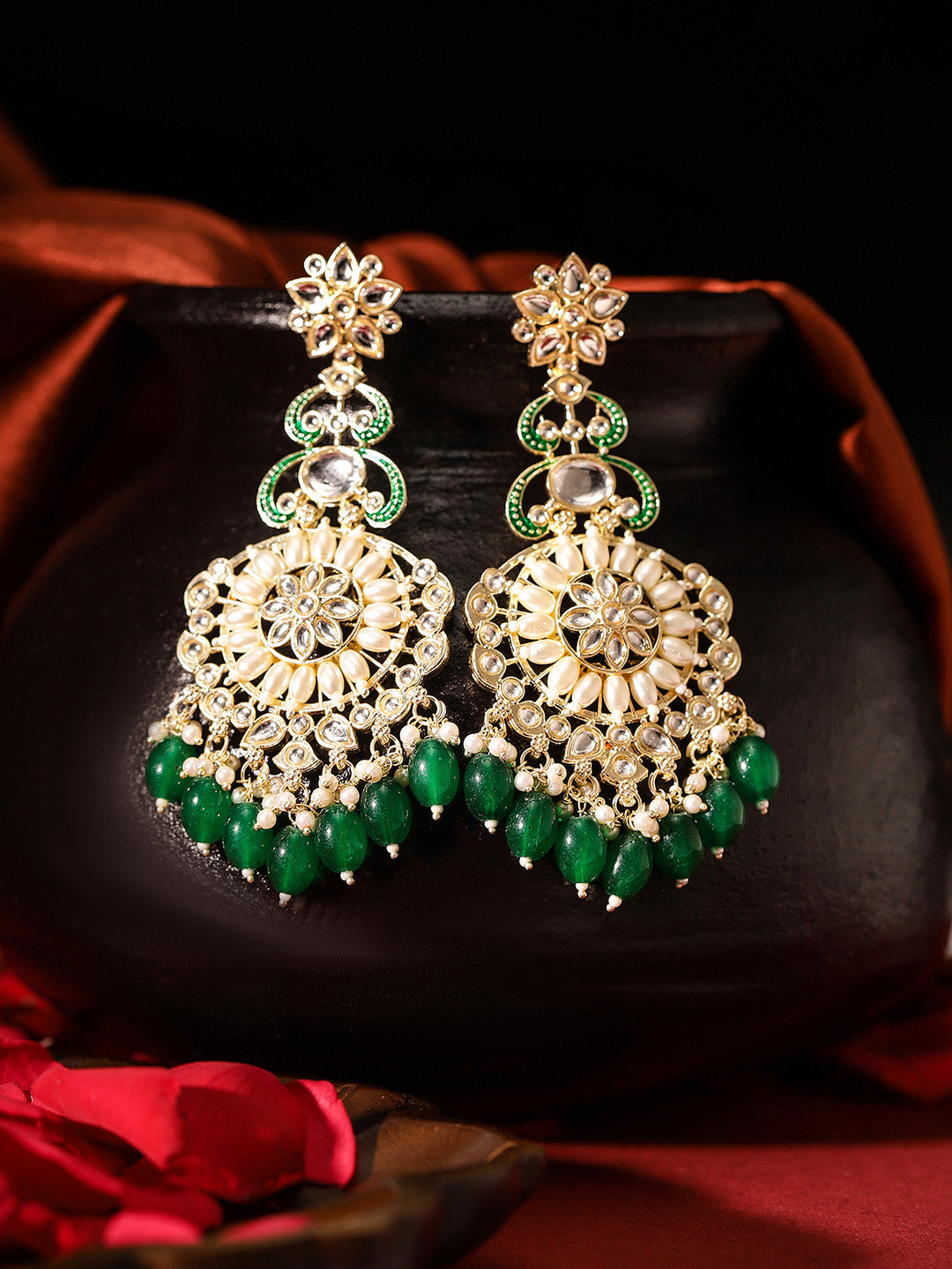 Kundan Pearl Style Floral Pattern Gold Plated Green Beads Drop Earrings