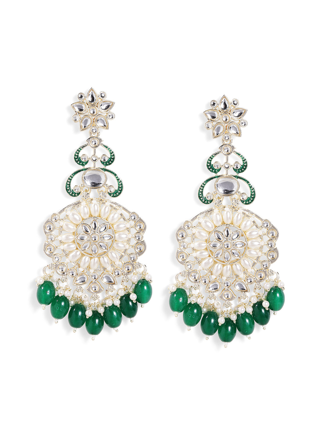 Kundan Pearl Style Floral Pattern Gold Plated Green Beads Drop Earrings