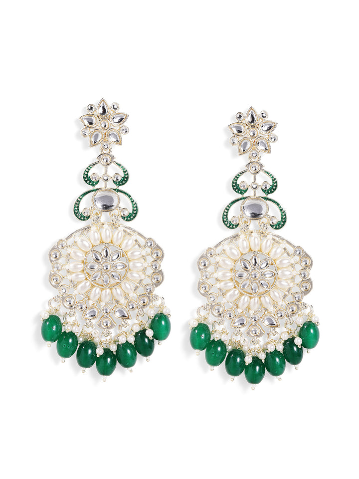Kundan Pearl Style Floral Pattern Gold Plated Green Beads Drop Earrings