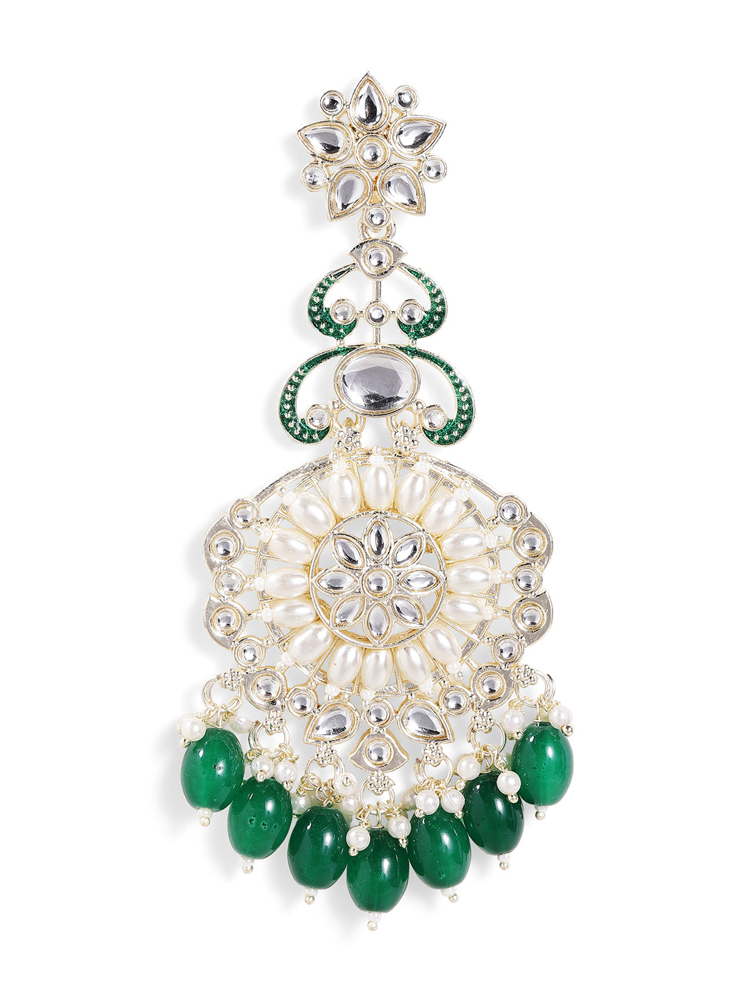 Kundan Pearl Style Floral Pattern Gold Plated Green Beads Drop Earrings