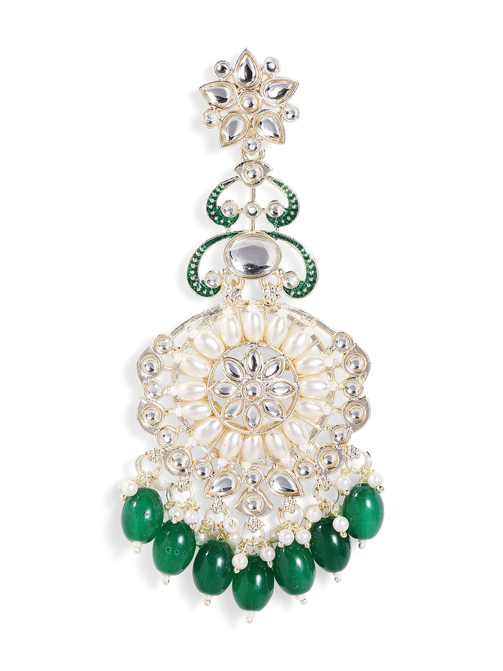 Kundan Pearl Style Floral Pattern Gold Plated Green Beads Drop Earrings