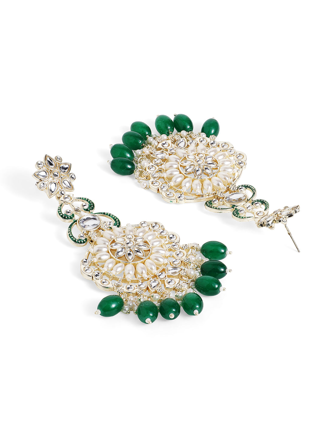 Kundan Pearl Style Floral Pattern Gold Plated Green Beads Drop Earrings