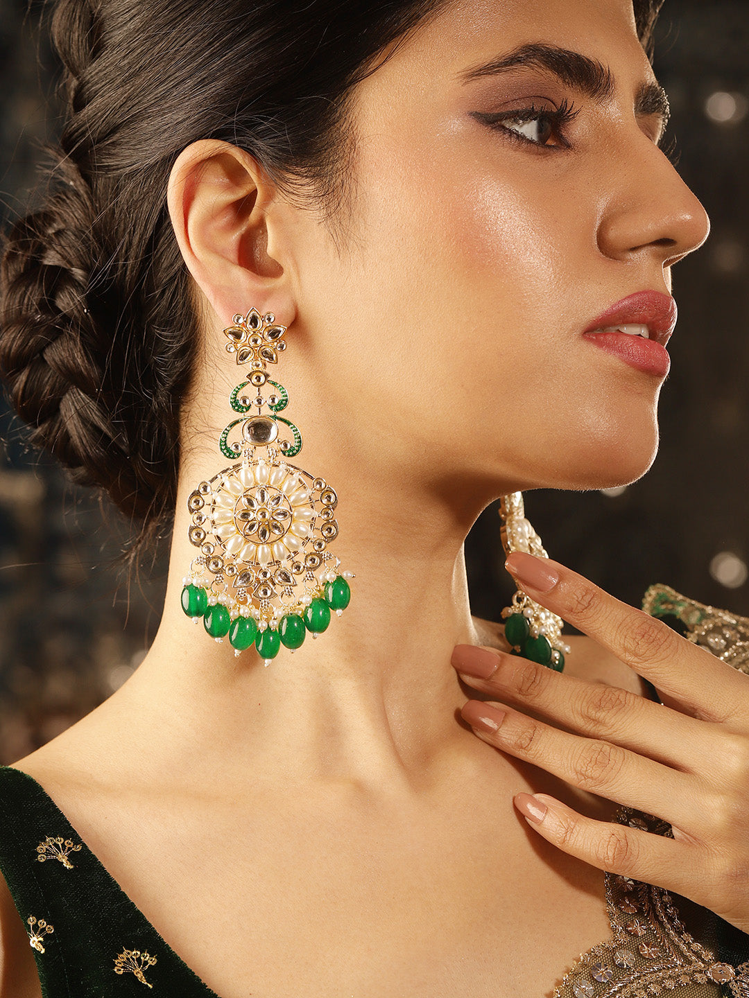 Kundan Pearl Style Floral Pattern Gold Plated Green Beads Drop Earrings