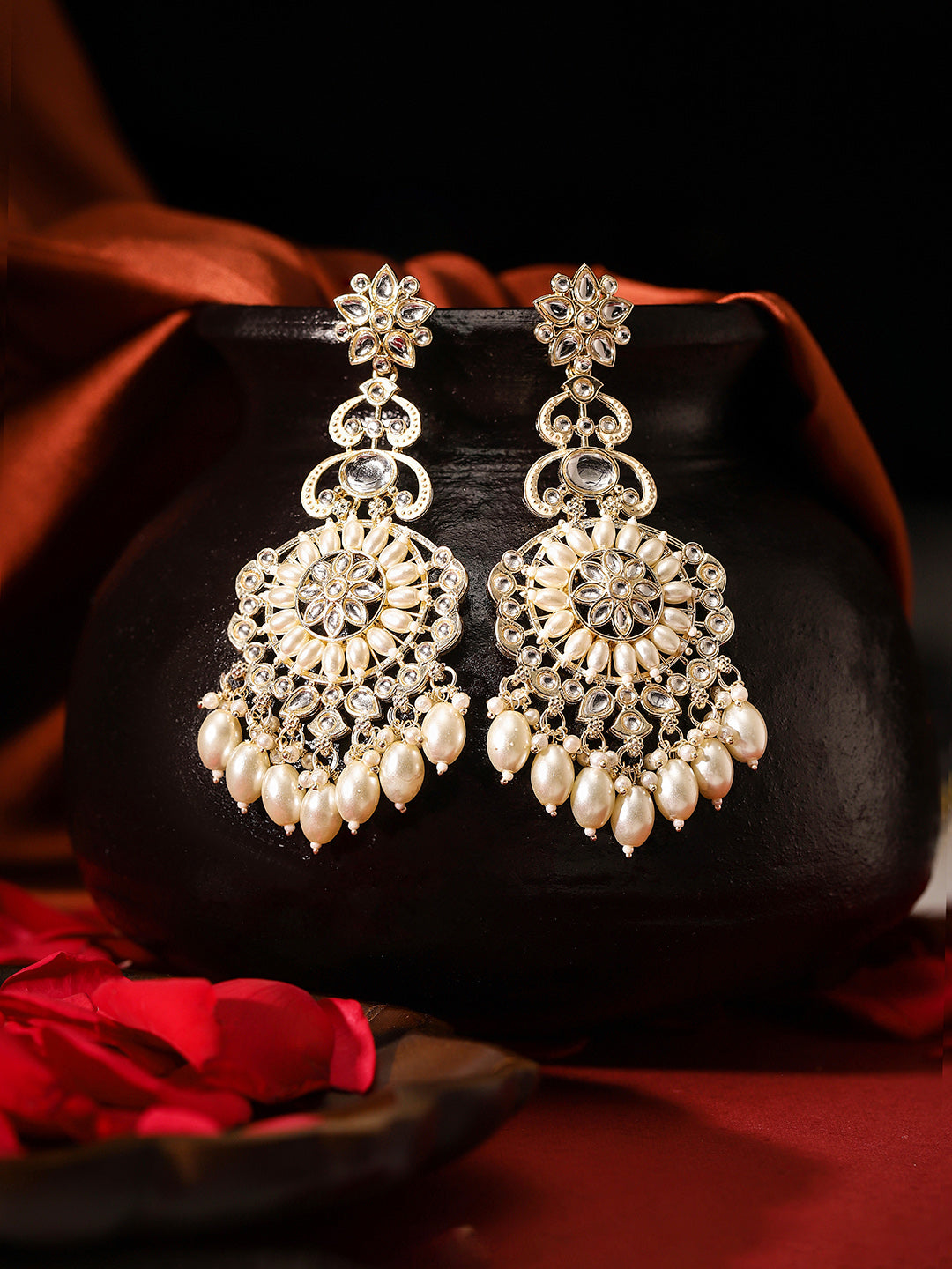 Kundan Pearl Elegance Blooming Floral Pattern Gold Plated Drop Earrings