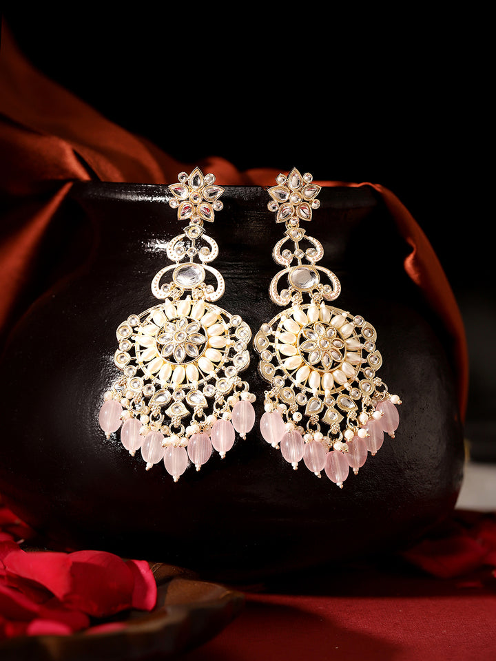 Pink Beads Pearl Kundan Studded Floral Pattern Gold Plated Drop Earrings