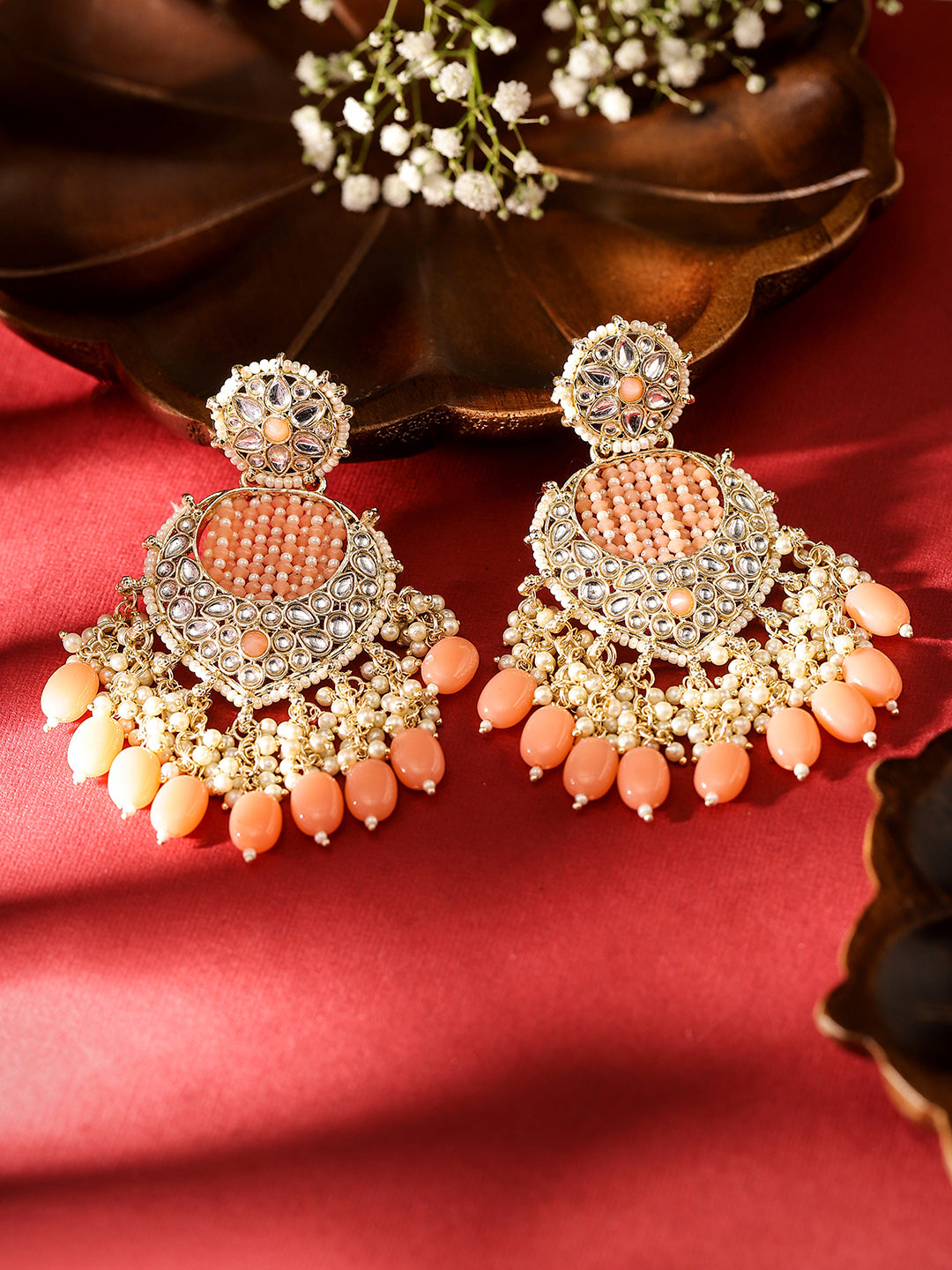 Peach Kundan Floral Pattern Gold Pattern Elegant Drop Earrings