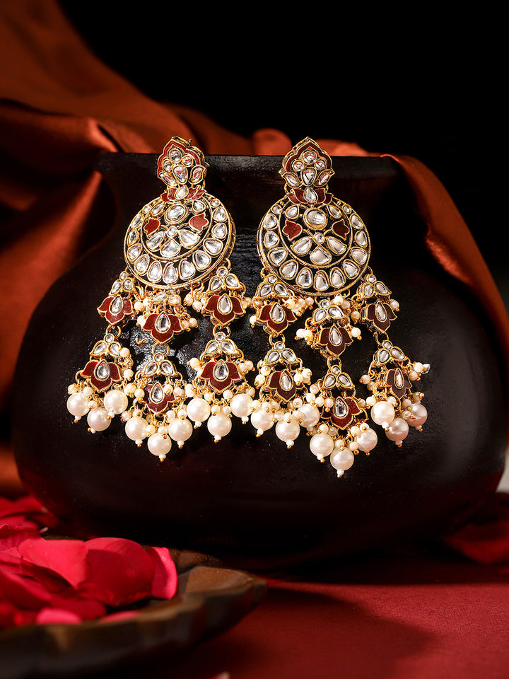 Maroon Kundan Pattern Floral Elegance Gold Pattern Drop Earrings