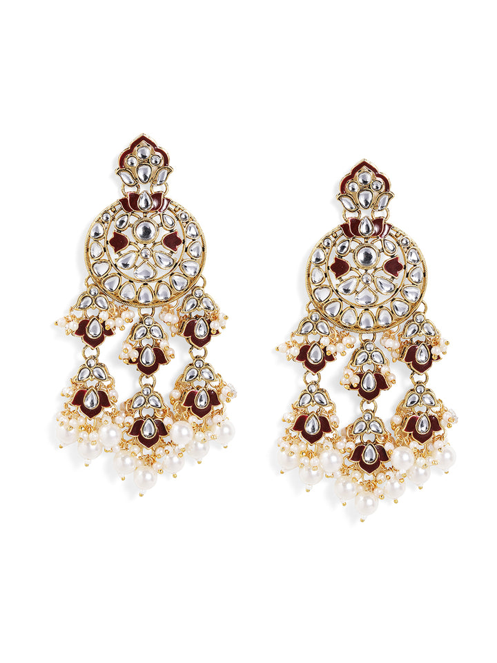 Maroon Kundan Pattern Floral Elegance Gold Pattern Drop Earrings