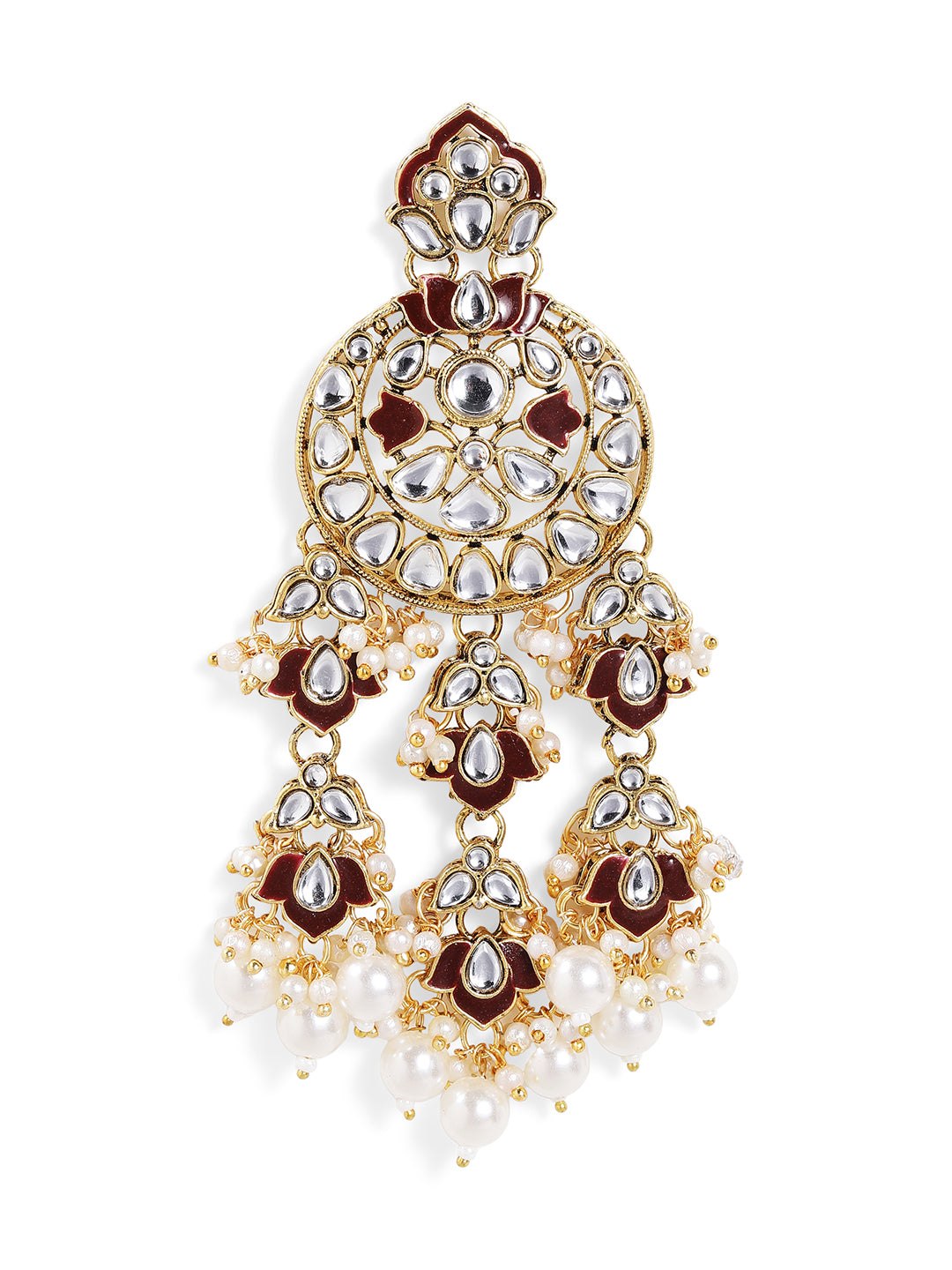 Maroon Kundan Pattern Floral Elegance Gold Pattern Drop Earrings