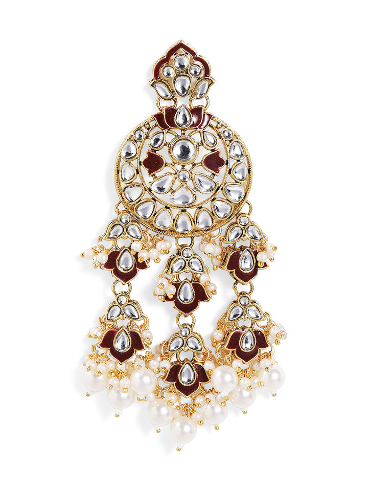 Maroon Kundan Pattern Floral Elegance Gold Pattern Drop Earrings