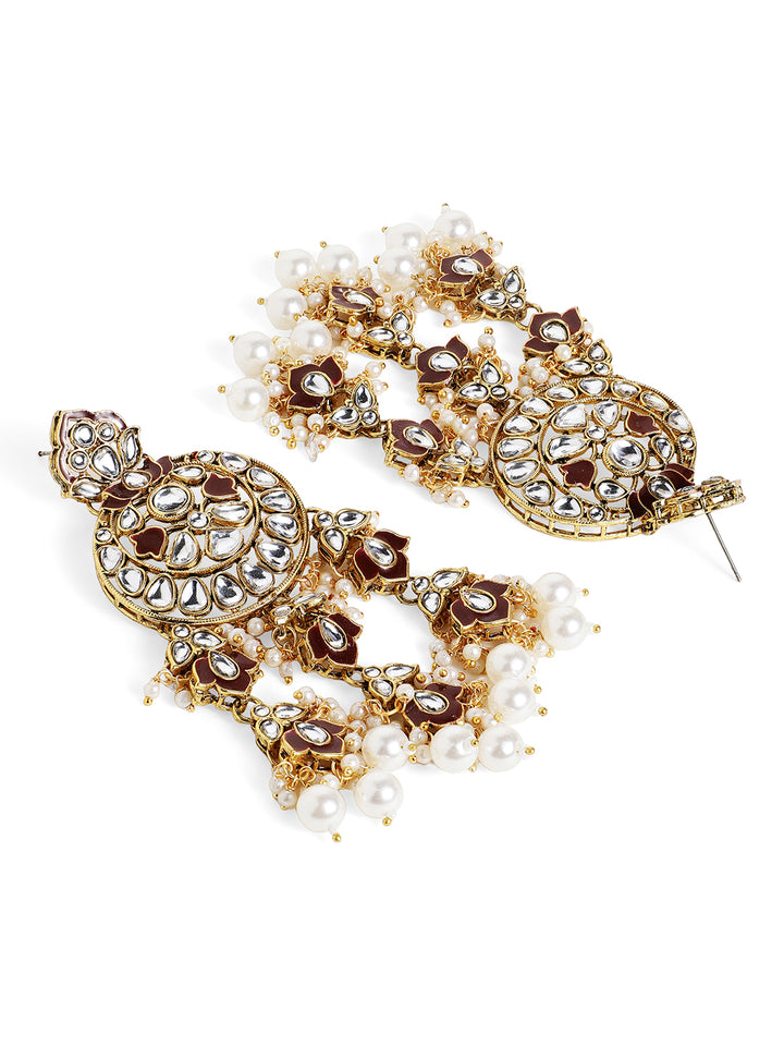 Maroon Kundan Pattern Floral Elegance Gold Pattern Drop Earrings