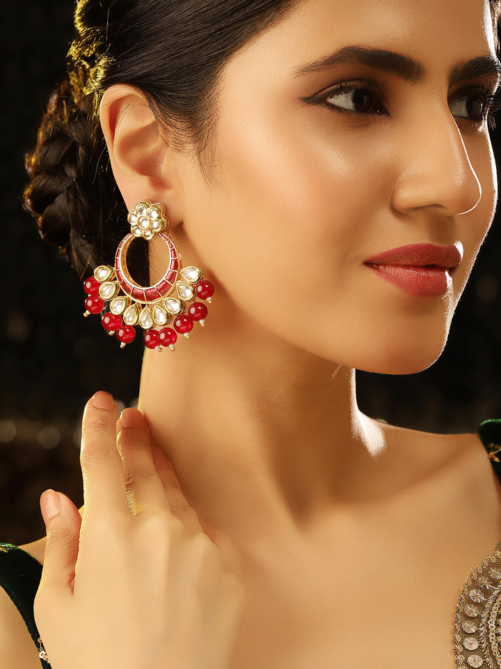 Floral Elegance Red Kundan Chanbali Pattern Finest Earrings