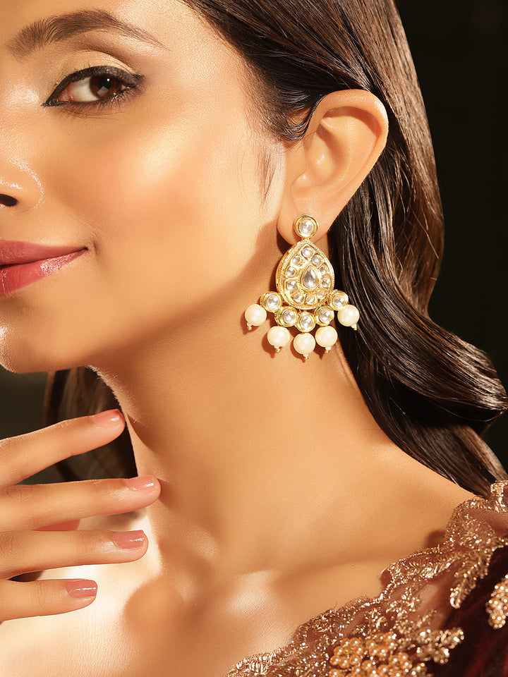 Drop Style Kundan Gold Plated Pearls Drop Earrings