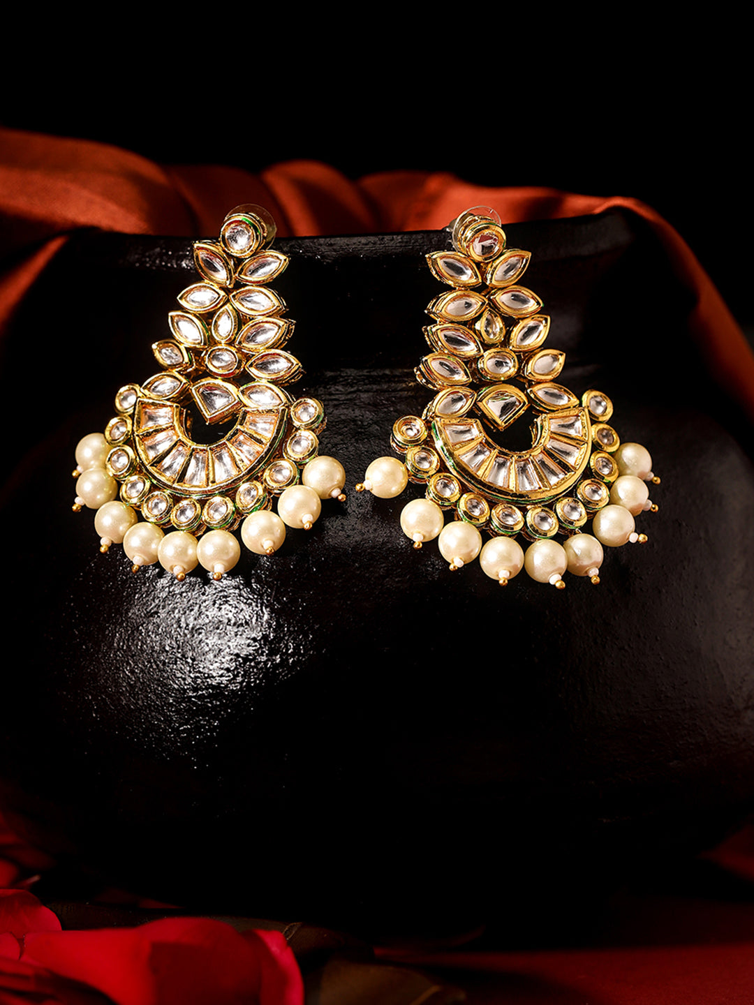 Blooming Floral Pattern Pearl Chandbali Gold Plated Elegant Earrings