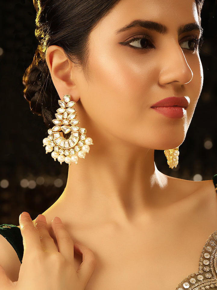 Blooming Floral Pattern Pearl Chandbali Gold Plated Elegant Earrings