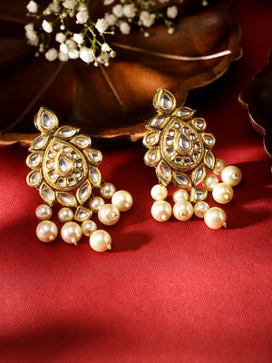 Drop Floral Elegance Gold Plated with Pearl Pattern Kundan Earrings