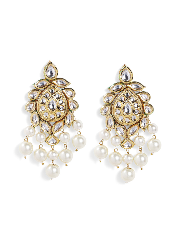 Drop Floral Elegance Gold Plated with Pearl Pattern Kundan Earrings