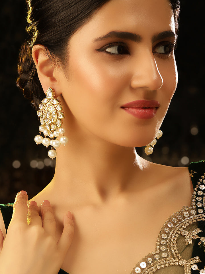 Drop Floral Elegance Gold Plated with Pearl Pattern Kundan Earrings