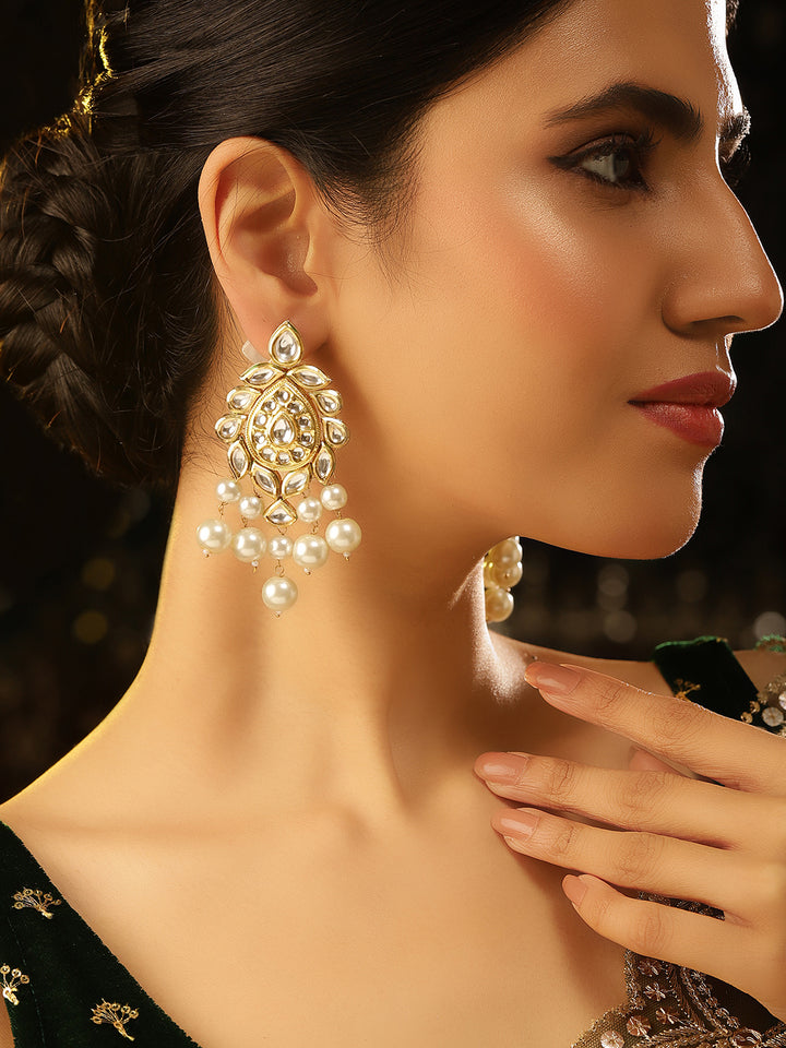 Drop Floral Elegance Gold Plated with Pearl Pattern Kundan Earrings