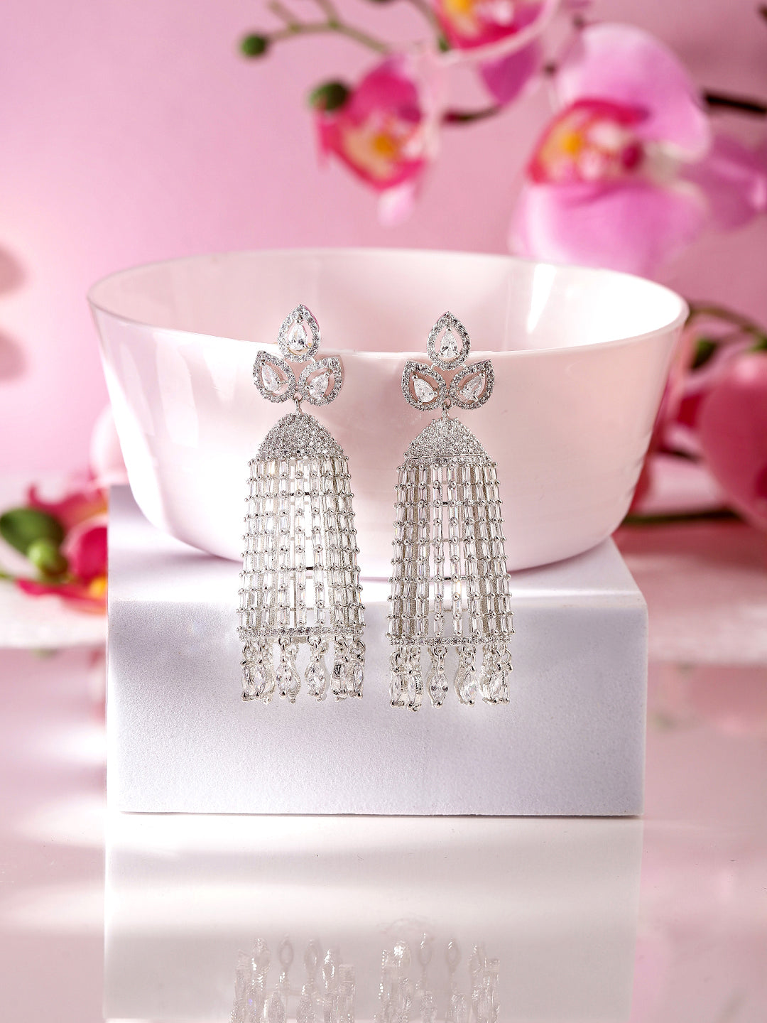 American Diamond Floral Silver Plated Jhumkis Pattern Earrings