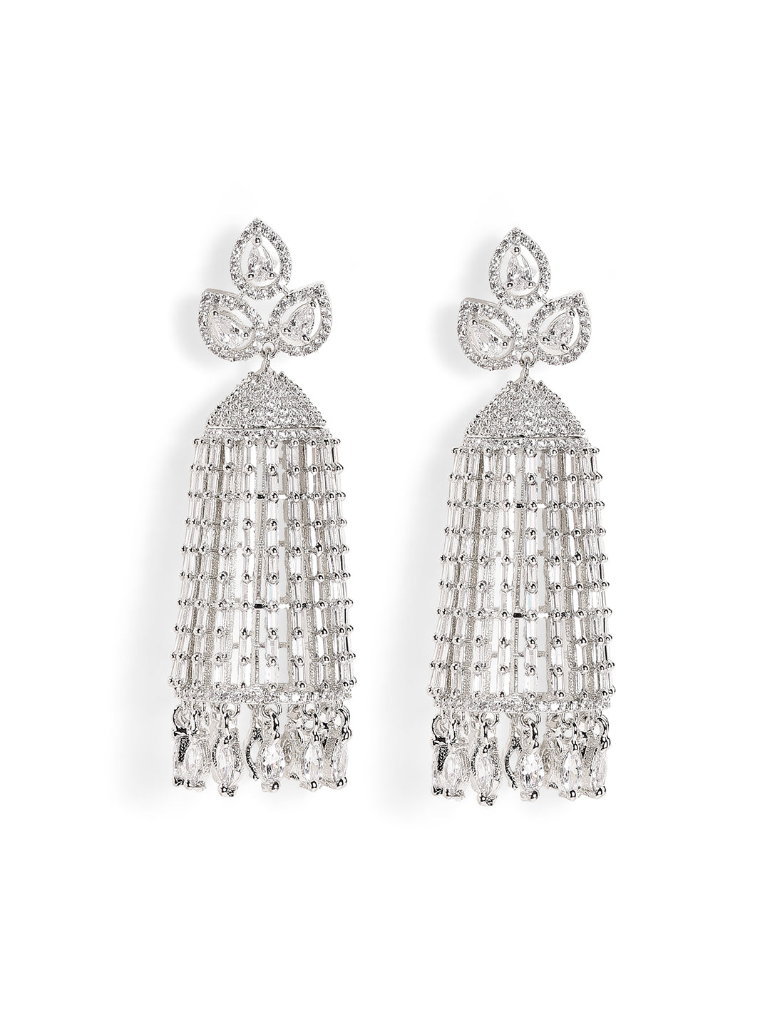 American Diamond Floral Silver Plated Jhumkis Pattern Earrings