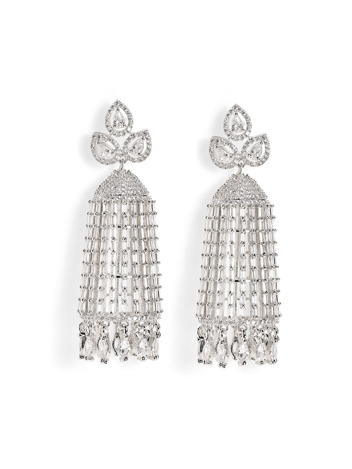 American Diamond Floral Silver Plated Jhumkis Pattern Earrings